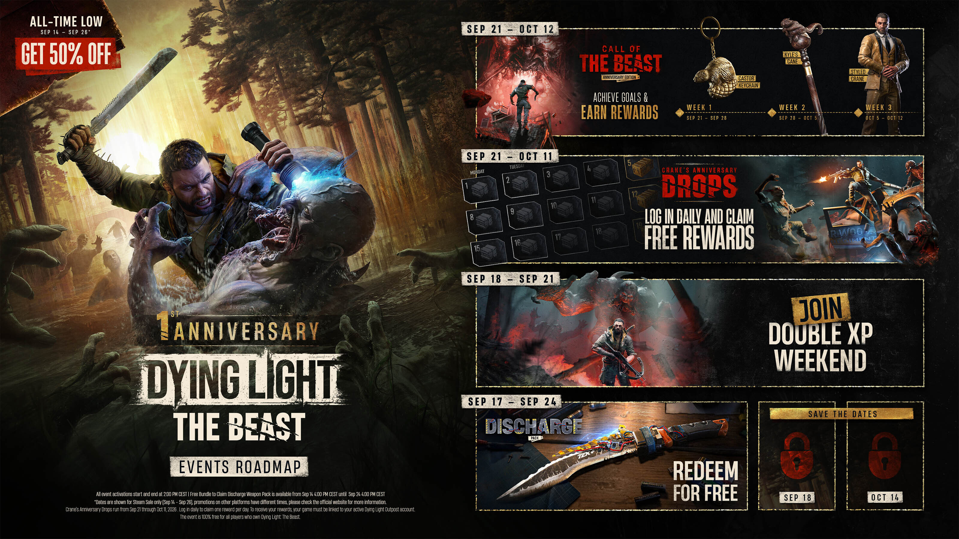 Techland's roadmap for the three-week Call of the Beast event and the 21-day Crane's Anniversary Drops calendar. Image: Techland.